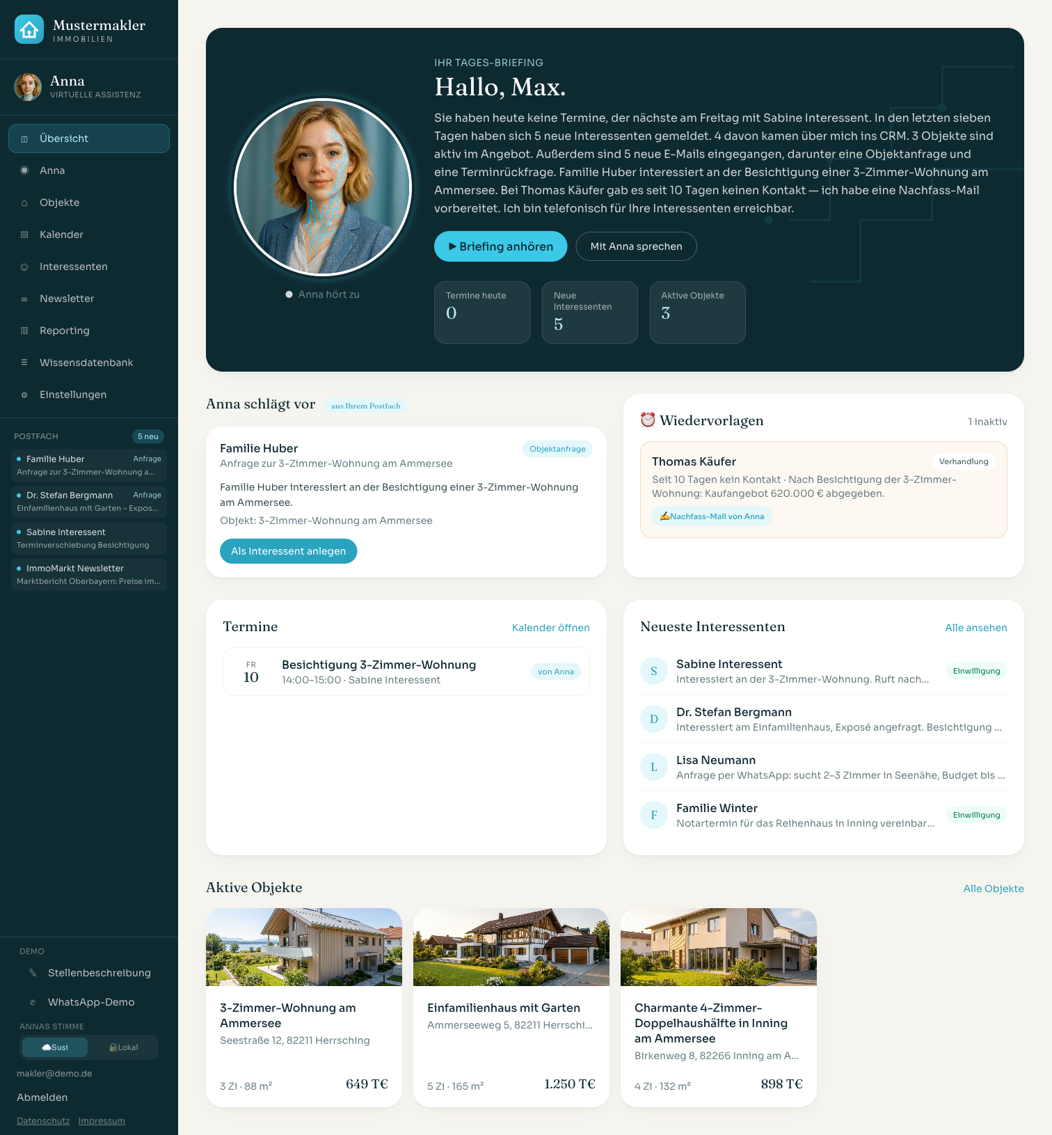 Anna Büro-Dashboard mit Übersicht über Anfragen und Objekte